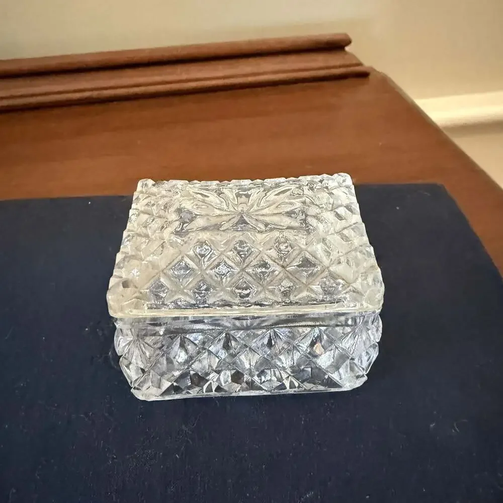 Vintage Cut Crystal Jewelry Trinket Box with Diamond Pattern